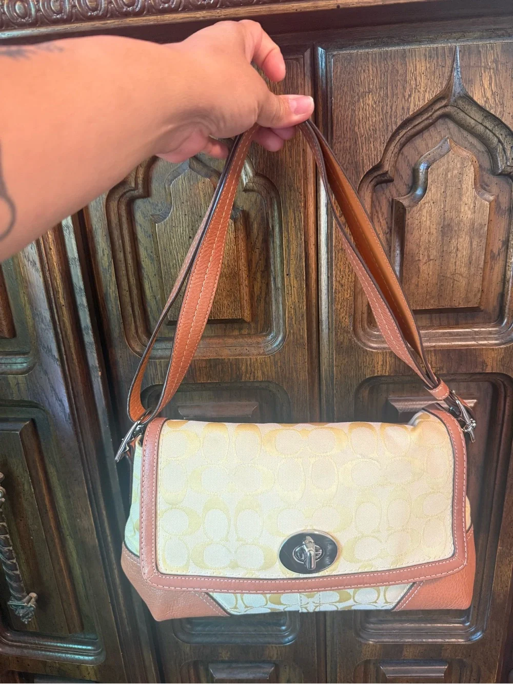 Authentic Coach Cream and Saddle Brown Shoulder Bag
